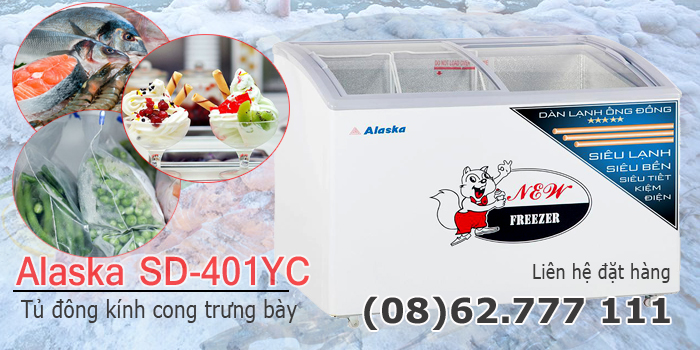 tủ đ&ocirc;ng k&iacute;nh cong Alaska SD-401YC